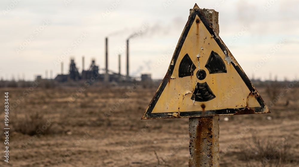 © Norah Allen - Yellow triangular radiation warning sign on weathered post in desolate landscape with industrial smokestacks emitting smoke in the distance danger hazard hazard symbol radioactivity