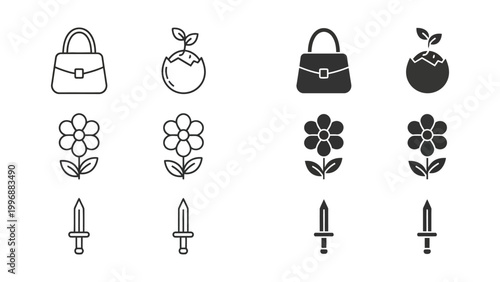 Contrasting icon sets featuring handbags, plants, seeds, flowers, and daggers in light and dark styles