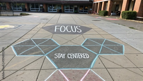 Colorful Chalk Art on School Ground Promoting Focus and Mindfulness with Geometric Shapes and Inspirational Phrases for Positive Environment