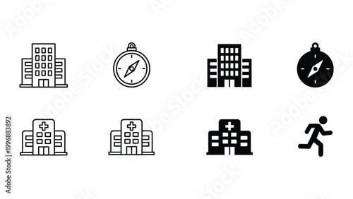 Assorted icons representing urban services, navigation, and health facilities