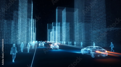 A futuristic cityscape at night with digital blue wireframe projections of people and cars on a busy street.