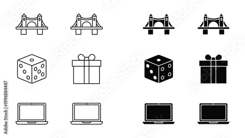 Illustrations of bridges, dice and gifts, laptops in contrasting styles