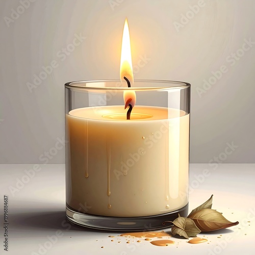 Close-up of a lit candle inside a clear glass, with wax drips down the sides, against a softly lit background