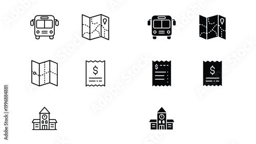 Collection of icons representing public transportation, maps, tickets, and landmarks