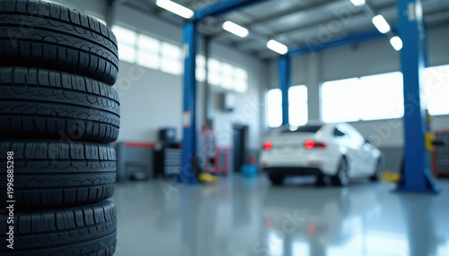 Stack of new car tires in auto repair shop. White vehicle on lift ready for service. Clean modern garage interior, bright lights, pro work environment.