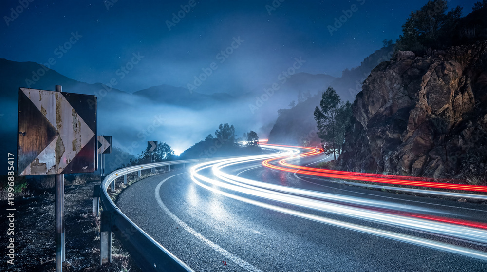 Fototapeta premium Long exposure photograph of car light trails on a winding mountain road at night, showcasing dynamic movement.