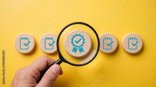 Quality Assurance Under the Loupe: An up-close view reveals a hand magnifying a quality assurance symbol, showcasing meticulous attention to detail and unwavering commitment to excellence.