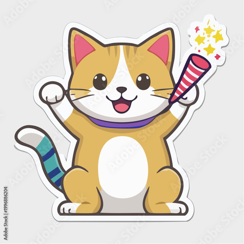 Cute cartoon cat celebrating with a party popper
