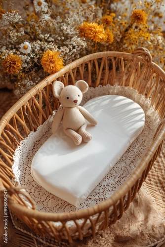 Boho Baby Crib with Floral Bedding and Teddy Toy