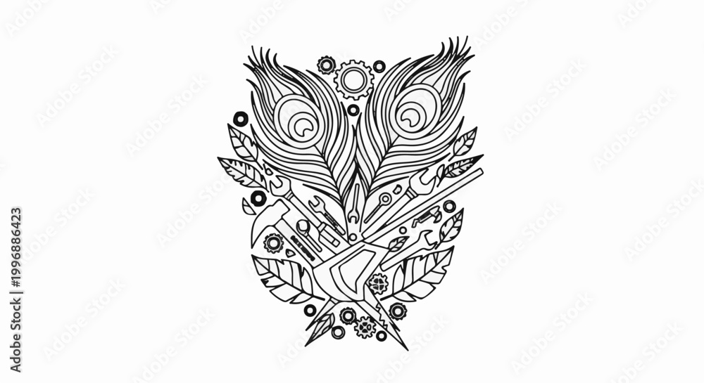 Fototapeta premium An intricate black and white design featuring a stylized owl with tools, gears, and leaves