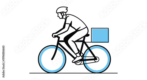 A man riding a bicycle with a box on the back, wearing a helmet and cycling gear.