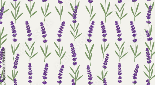 Seamless pattern of delicate purple lavender flowers and green stems. This charming floral background is perfect for textiles, stationery, and home decor, evoking spring and summer