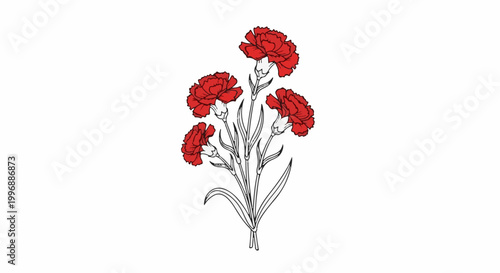 A stylized bunch of five red carnations with thin green stems and leaves