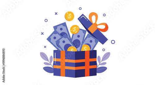 A vibrant gift box overflowing with money and coins, symbolizing a surprise financial reward or prize