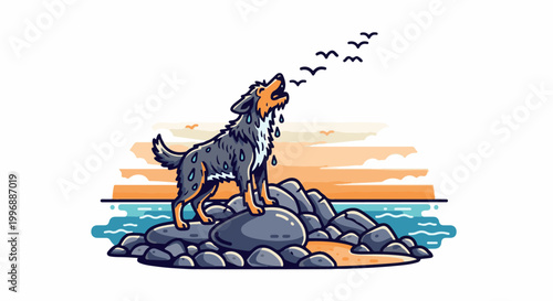 A dog howls at a flock of birds by the sea at sunset