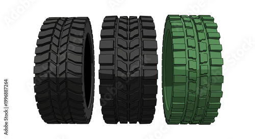 Three heavy-duty tires with distinct tread patterns, two black and one green, displayed against a white background.