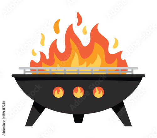 A black barbecue grill with bright orange and yellow flames erupting from the