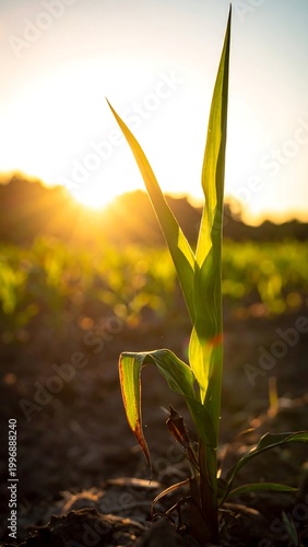 Close-up of a lone, vibrant green plant shoot in a field against a bright, golden sunset illuminating the leaves