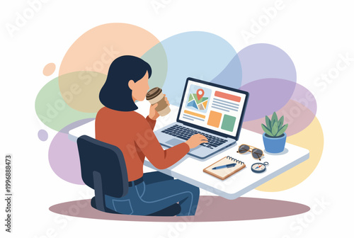 Woman Planning Travel on Laptop at Urban Workspace with Coffee