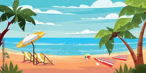 Vector illustration of the amazing seascape of vacation. Cartoon scene, sea coast, coconut palms, sand, beach umbrella, sunbeds, striped mats, ball, sunscreen, glasses, stones, plants, sky, clouds.