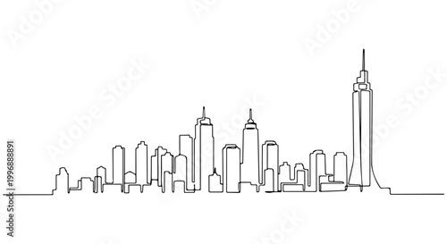 Modern urban cityscape continuous one line art drawing. Minimalist panoramic silhouette of downtown district skyscrapers and towers on white background