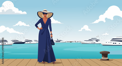 Elegant Woman in a Blue Gown on a Dock Overlooking a Marina Filled with Luxury Yachts