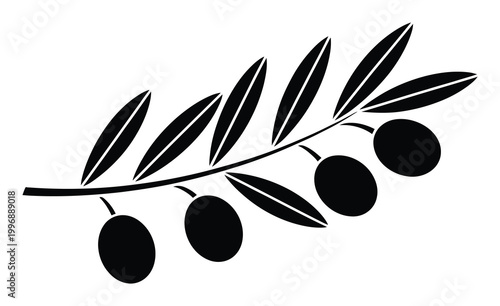 Black and white silhouette of an olive branch with olives and leaves