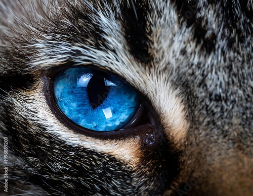 A striking close-up of a cat's vibrant blue eye surrounded by fur