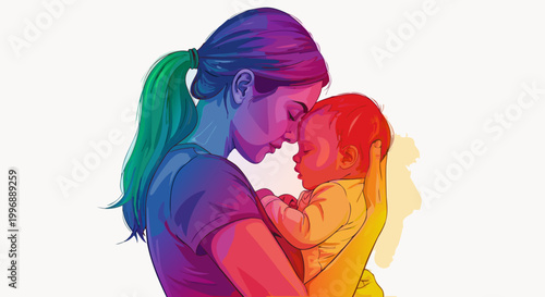 Mother holding baby with love and affection, a symbol of nurturing and family bonds, depicted in vibrant rainbow colors representing diversity and inclusivity