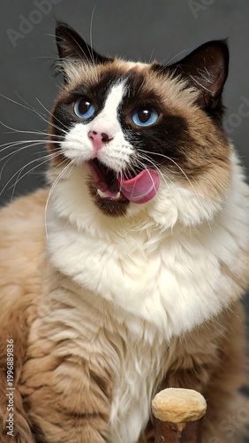 Close-up of a long-haired cat, cream and brown markings with blue eyes, licking its mouth, facing the viewer