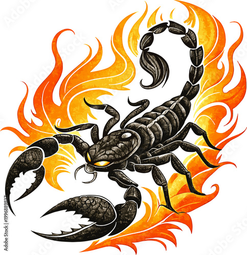 Fashionable T-shirt print. Vector illustration of a scorpion for clothing printing. Isolated image. Scorpion design on a T-shirt.