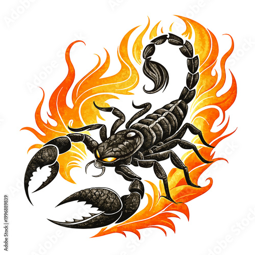 Fashionable T-shirt print. Vector illustration of a scorpion for clothing printing. Isolated image. Scorpion design on a T-shirt.