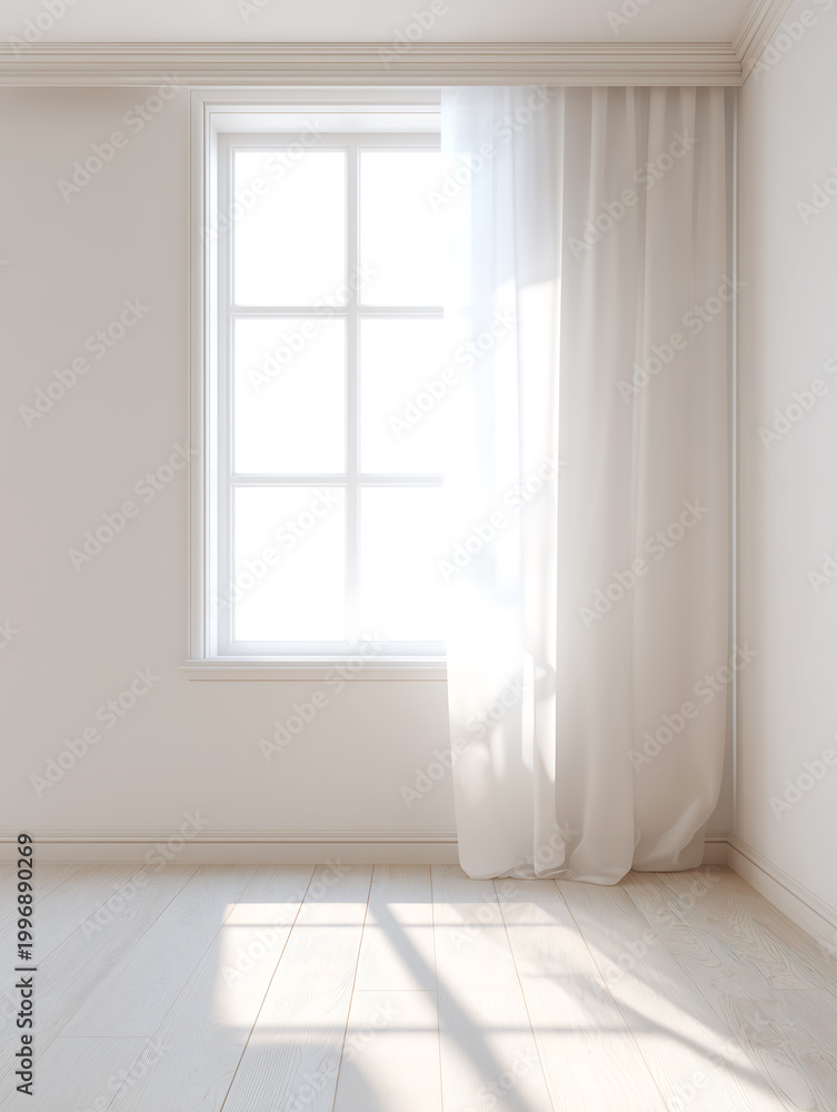 Fototapeta premium Bright Minimalist Empty Room With White Curtains and Natural Sunlight Through Window