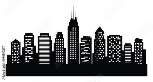 Black Silhouette of a Modern City Skyline with Tall Buildings and Windows