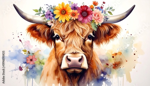 Close-up of a longhorn, adorned with a floral crown, presented in a watercolor style with soft, colorful splashes