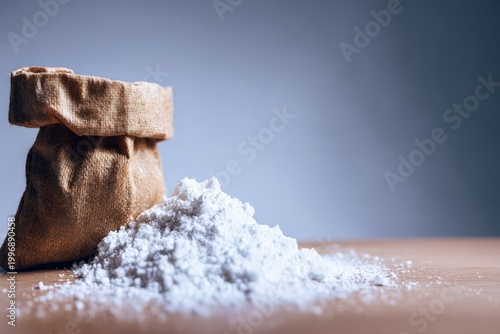 Close up of brown fabric bag and mound of white powder on wooden surface