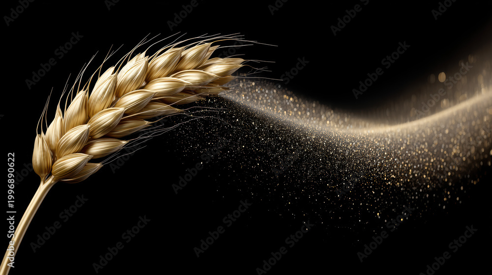 Obraz premium Golden wheat ear grain agriculture harvest food rural organic natural black background high fidelity shimmering particles