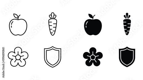 Contrast icons of fruits, vegetables, and shields in black and white styles
