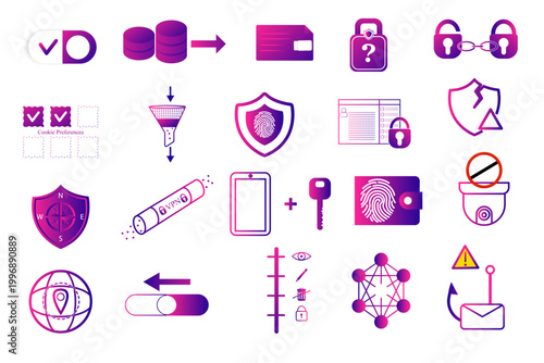 Purple and pink flat icon set for digital privacy and data rights showing encryption, biometric protection, VPN, consent toggle, anonymization and data breach alert on white background.