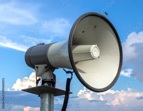 Close-up of a loudspeaker against a vibrant sky with puffy clouds. The megaphone is mounted on a metal pole