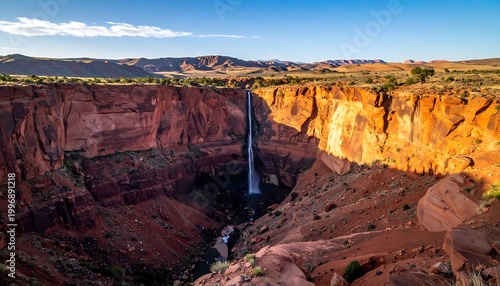 A vast canyon with a tall waterfall in the center