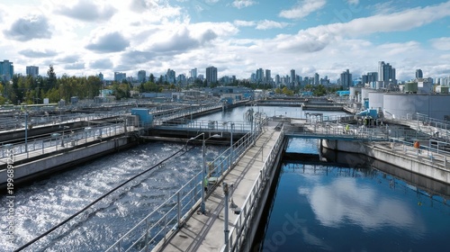 Industrial water treatment facility in a city setting with tanks, walkways, and piping