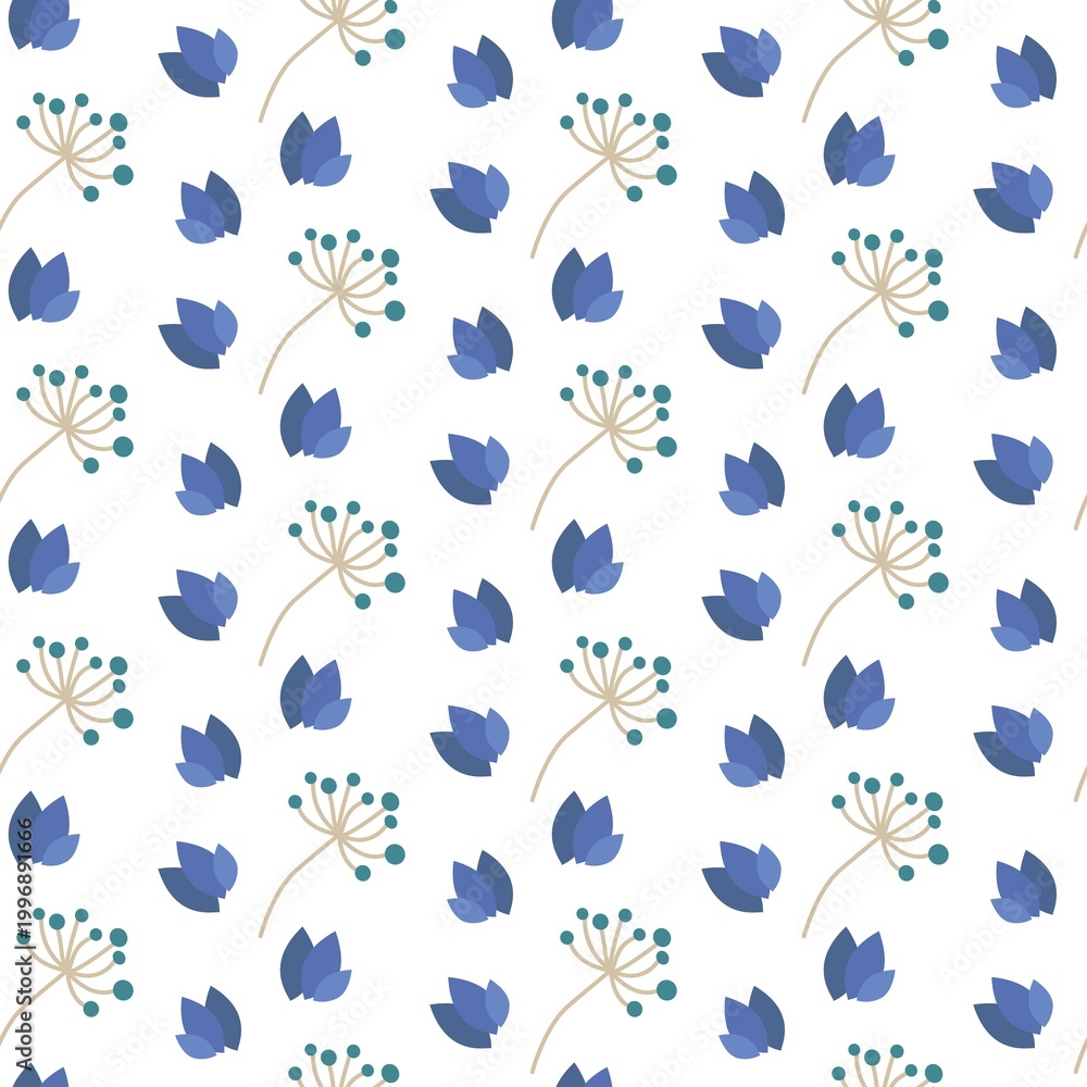 Fototapeta premium Blue Leaf and Teal Bud Floral Pattern