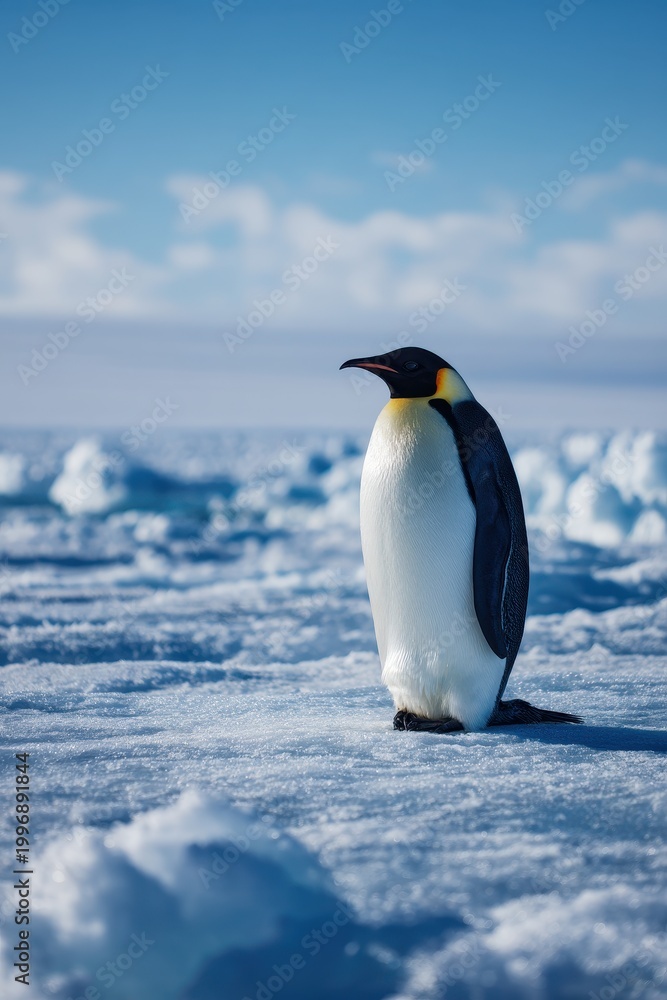 Obraz premium Isolated penguin portrait amid cold Antarctic ice and calm horizon