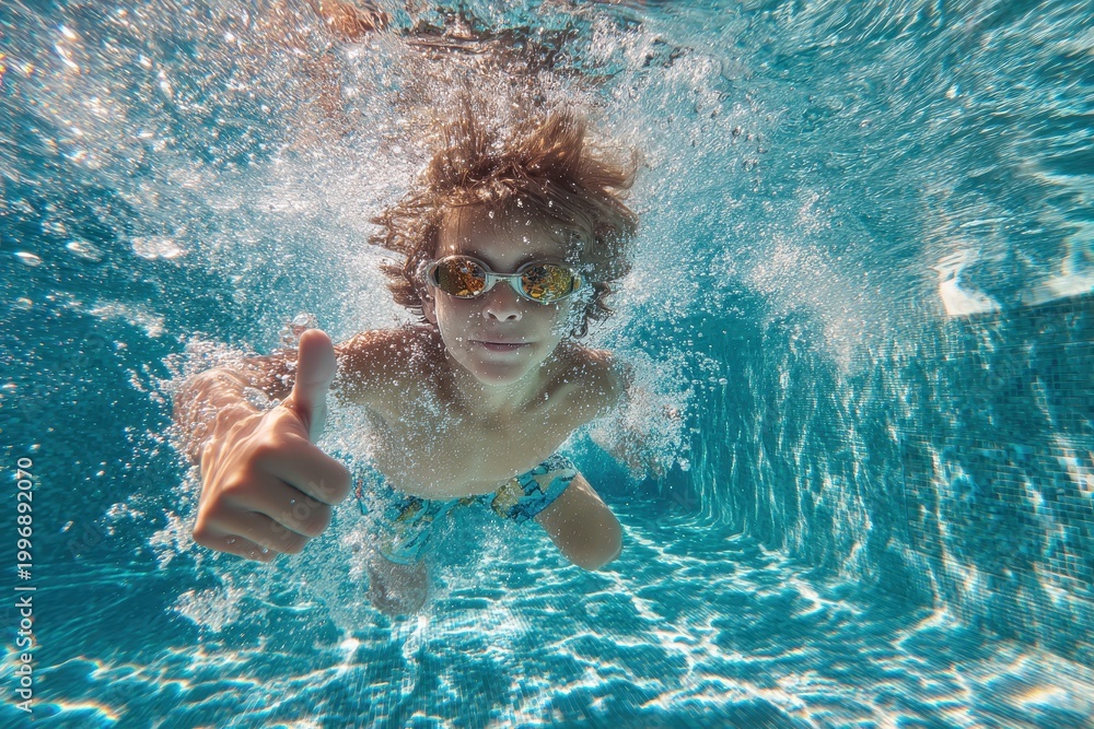 Fototapeta premium Joyful boy underwater with thumbs up in sunlit pool during summer swim lessons