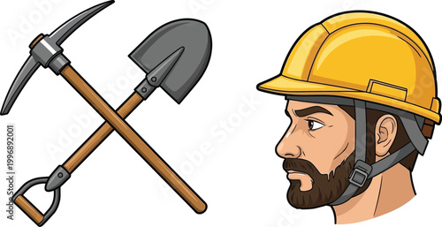 Cartoon miner wearing hard hat with pickaxe and shovel tools