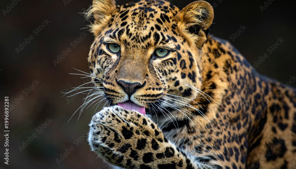 Naklejka premium Close-up of a leopard licking its paw.