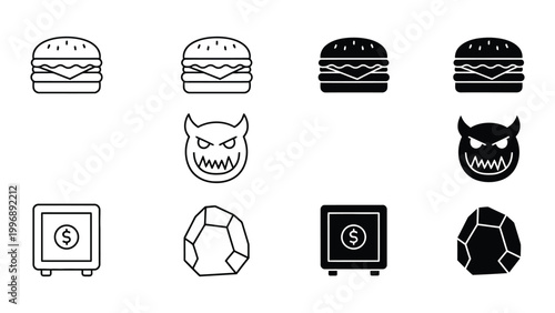 Contrast between food icons, mythical creatures, and treasure symbols in black and white
