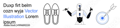 Robotics, business, precision, technology, tools, achievement. Robot holding tools, classic shoes and a target with an arrow. Robotics and technology visually
