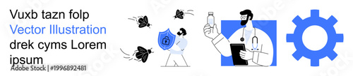 Cybersecurity, healthcare innovation, technology, digital safety, medical advancements, online protection. Shield blocking bugs, doctor holding medicine and gear icon. Cybersecurity and healthcare